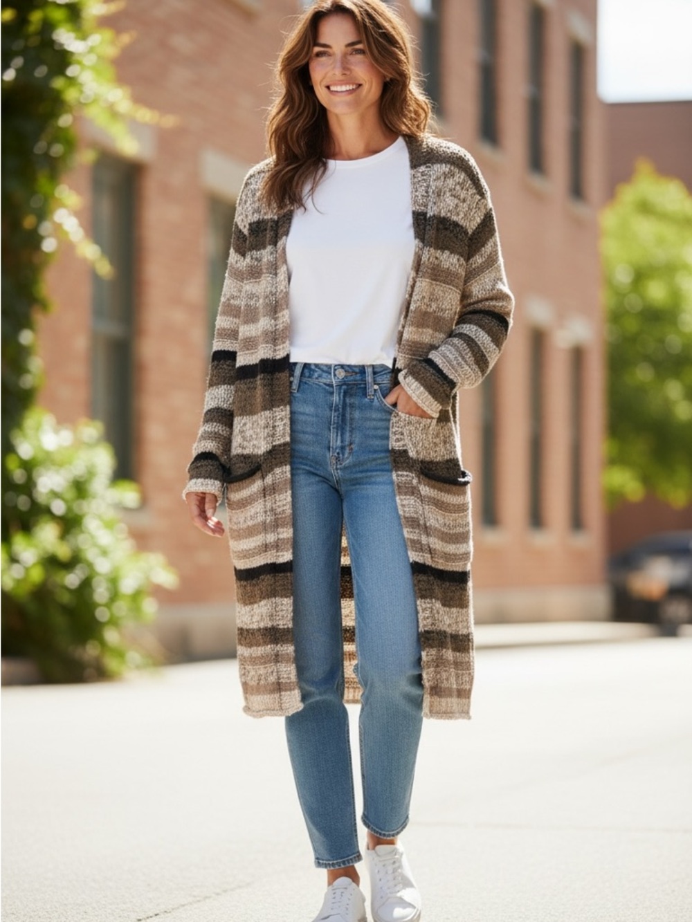 Maurices Striped Long Open-Front Cardigan in Brown and Cream
